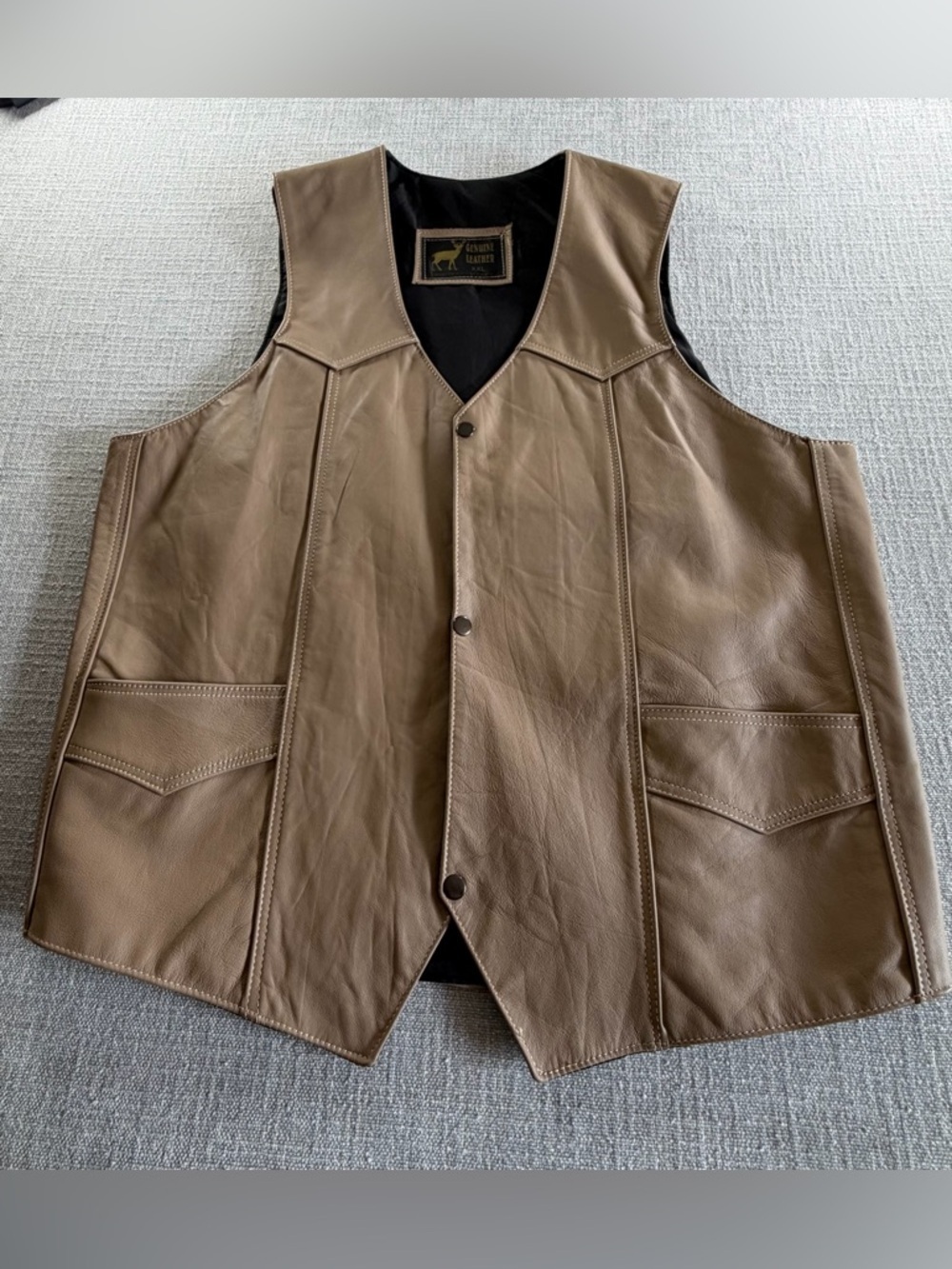 Vintage Genuine Leather Vest Tan Brown Snap XXL